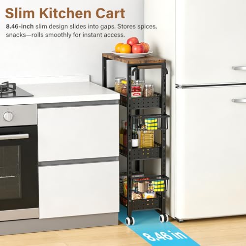7.8 Inch Ultra-Slim 4-Tier Rolling Storage Cart with Adjustable Shelves | Lockable Wheels & Wooden Top for Narrow Spaces Between Washer/Dryer, Bathroom, Kitchen Organization (Black)
