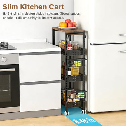 7.8 Inch Ultra-Slim 4-Tier Rolling Storage Cart with Adjustable Shelves | Lockable Wheels & Wooden Top for Narrow Spaces Between Washer/Dryer, Bathroom, Kitchen Organization (Black)