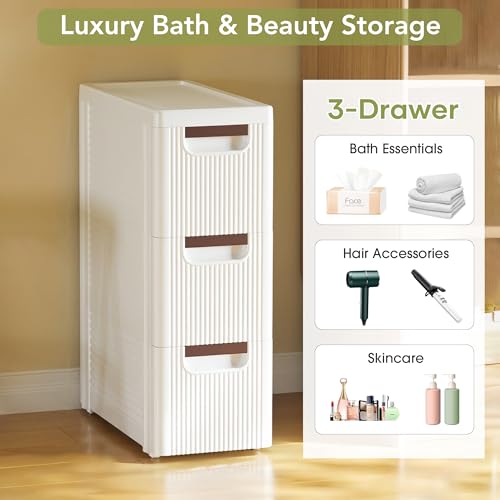3 Drawers Narrow Bathroom Storage Cabinet, Slim Storage Cabinet, Plastic Slim Storage Cart Drawers for Small Spaces, Laundry, Office, Home, White - size: 3 Tiers