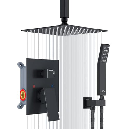 SunCleanse Rainfall Shower Faucet Set with High Pressure in Matte Black | Ceiling mounted shower combo set featuring a 10" rainfall shower head, handheld spray, and rough-in shower valve. - color: Matte Black, style: 10-ceiling