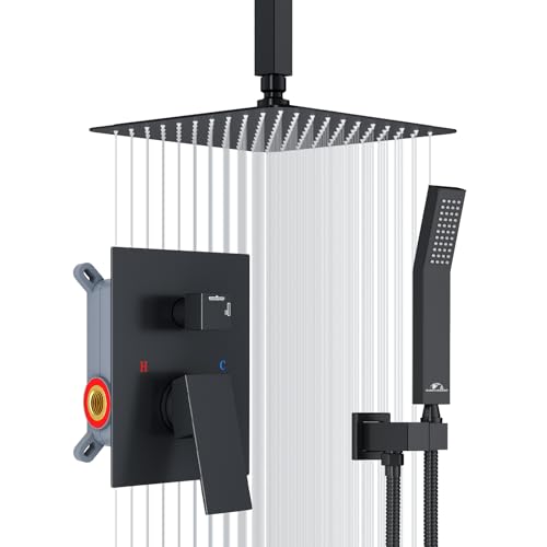 SunCleanse Rainfall Shower Faucet Set with High Pressure in Matte Black | Ceiling mounted shower combo set featuring a 10" rainfall shower head, handheld spray, and rough-in shower valve. - color: Matte Black, style: 10-ceiling