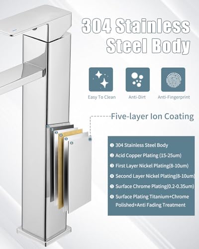Bathroom Sink Faucet(2 Sets),Single Handle Bathroom Faucets with Pop-up Drain and 2 Supply Hoses,Chrome Single Hole Tall Barrel Vanity Faucet,304 Stainless Steel for Sink - color: 3.Chrome Polished, style: Tall*2