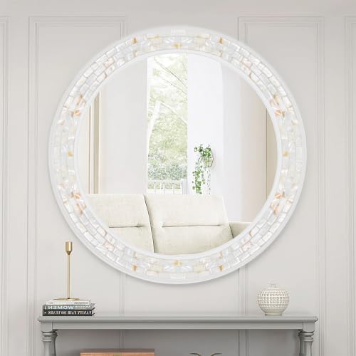White Round Bathroom Wall Mirror 36 Inch | Natural Mother of Pearl Frame, Tempered Glass, Coastal Beachy Decor for Bedroom, Living Room, Entryway - size: 36"L x 36"W