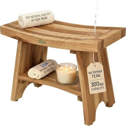 EcoDecors Serenity 24-Inch Teak Shower Bench with Shelf, 300 lb | Supports up to 300 lb with adjustable non-slip feet for stable, secure seating in showers and bathrooms - size: 24" shelf
