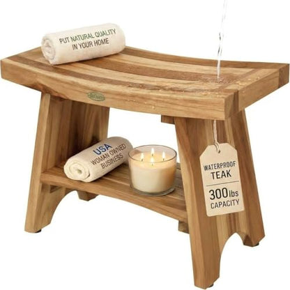 EcoDecors Serenity 24-Inch Teak Shower Bench with Shelf, 300 lb | Supports up to 300 lb with adjustable non-slip feet for stable, secure seating in showers and bathrooms - size: 24" shelf