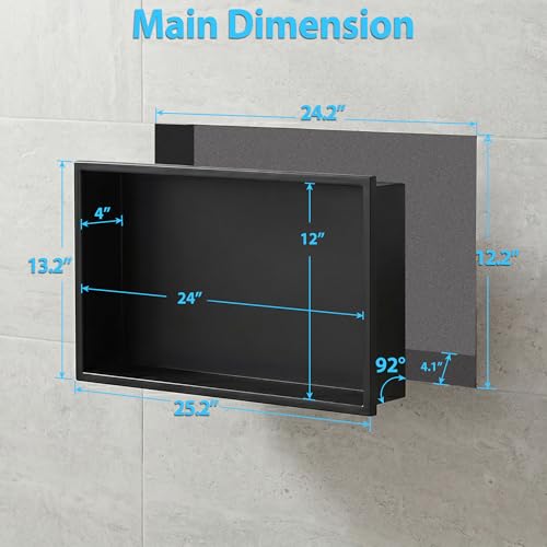 304 Stainless Steel Shower Niche 24" x 12" for Bathroom Storage | Waterproof Matte Black Recessed Shower Niche No Tile Needed - size: 24 x 12 inch
