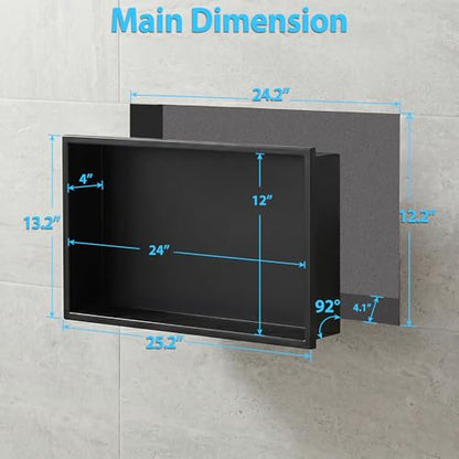304 Stainless Steel Shower Niche 24" x 12" for Bathroom Storage | Waterproof Matte Black Recessed Shower Niche No Tile Needed - size: 24 x 12 inch