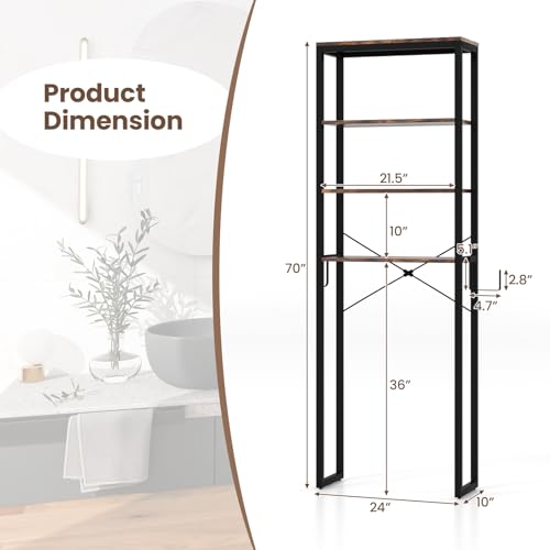 LOKO Bathroom Over The Toilet Storage Rack, 4-Tier Industrial Organizer Shelf with Toilet Paper Holder & Hook, Multifunctional Freestanding Space Saver Plant Stand for Laundry Balcony, Rustic Brown