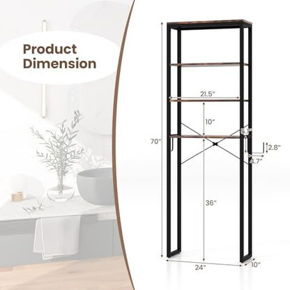 LOKO Bathroom Over The Toilet Storage Rack, 4-Tier Industrial Organizer Shelf with Toilet Paper Holder & Hook, Multifunctional Freestanding Space Saver Plant Stand for Laundry Balcony, Rustic Brown