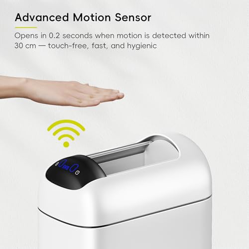EKO Astro Slim Sensor Trash Can, 10L / 2.6 Gallon Touchless Garbage Bin with Soft-Close Retractable Wing Lid, Motion Sensor Stainless Steel Garbage Can for Bathroom, Kitchen, Office, Waterproof, White - size: Astro 10L-Matte White