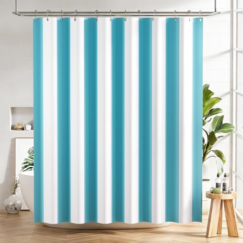 AmazerBath Blue Vertical Stripes Shower Curtain, Cute Blue Stripe Bathroom Shower Curtain with 12 Shower Curtain Hooks, Rustic Fabric Blue and White, 72x72 Inches - color: A- Blue Vertical Stripe+12 Metal Hooks, size: 72"W x 72"L (Pack of 1)