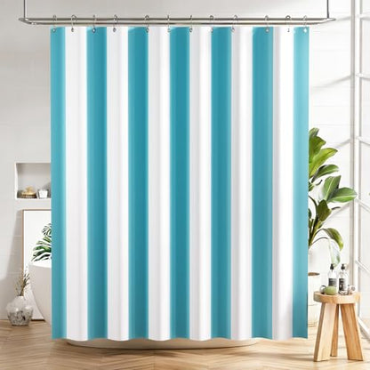 AmazerBath Blue Vertical Stripes Shower Curtain, Cute Blue Stripe Bathroom Shower Curtain with 12 Shower Curtain Hooks, Rustic Fabric Blue and White, 72x72 Inches - color: A- Blue Vertical Stripe+12 Metal Hooks, size: 72"W x 72"L (Pack of 1)