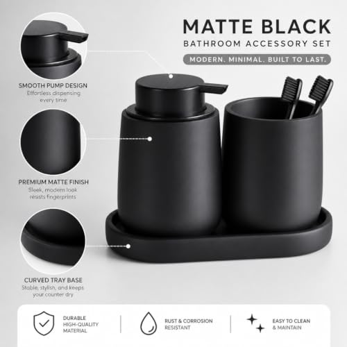 Ceramic Bathroom Accessories Set, 3 Pieces with Soap Dispenser, Toothbrush Holder, and Cup, Matte Black, Polished Finish (Balck) - color: Balck