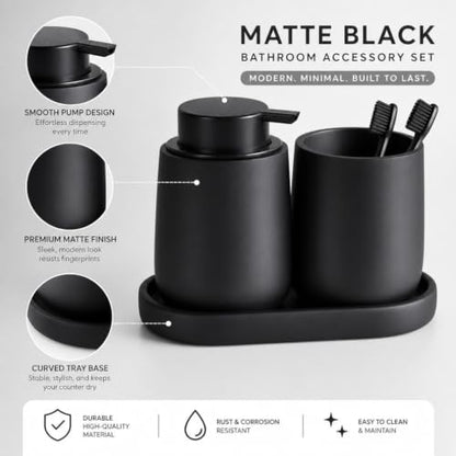 Ceramic Bathroom Accessories Set, 3 Pieces with Soap Dispenser, Toothbrush Holder, and Cup, Matte Black, Polished Finish (Balck) - color: Balck
