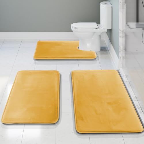 Clara Clark Bathroom Rug Set, 3 Piece Velvet Memory Foam Bath Mats with Non-Slip PVC Backing, Gold - color: Camel Gold