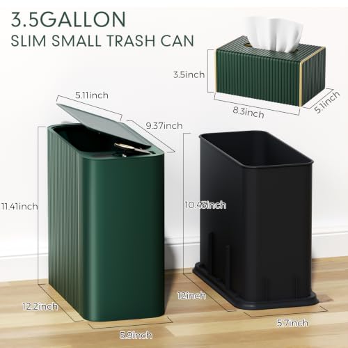 Bathroom Trash Can with Lid and Tissue Box Cover Set 13 L/ 3.5 Gallon Dark Green Trash Can with Pop-Up Lid Small Garbage Can for Bathroom Bedroom Office Kitchen - color: Dark Green & Gold