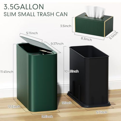 Bathroom Trash Can with Lid and Tissue Box Cover Set 13 L/ 3.5 Gallon Dark Green Trash Can with Pop-Up Lid Small Garbage Can for Bathroom Bedroom Office Kitchen - color: Dark Green & Gold