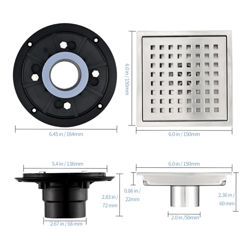 6 Inch Square Shower Drain with Removable Square Grille, Brushed 304 Stainless Steel, PVC Shower Drain Base, Includes Hair Strainer for Kitchen, Bathroom, Garage - color: 6-inch Brushed Nickel