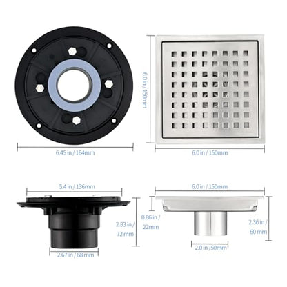 6 Inch Square Shower Drain with Removable Square Grille, Brushed 304 Stainless Steel, PVC Shower Drain Base, Includes Hair Strainer for Kitchen, Bathroom, Garage - color: 6-inch Brushed Nickel