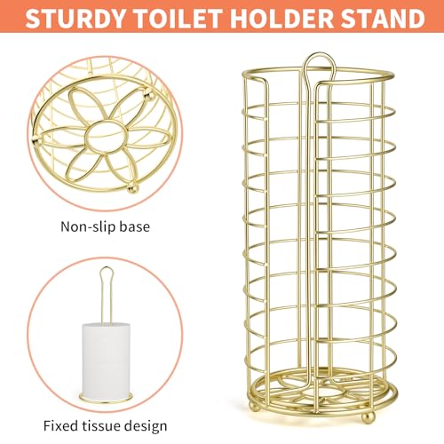 Toilet Paper Holder Stand,Freestanding,Gold | Bathroom Toilet Paper Organizer, 3 Mega Roll Toilet Paper Holder for Under Sink, Vanity, Cabinet Shelf - color: Gold