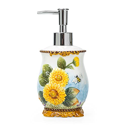 Ceramic Sunflower Bathroom Accessories Set, 4 Piece Bathroom Ensemble Set with Toothbrush Holder, Toothbrush Cup, Soap Dispenser, Soap Dish - color: Yellow