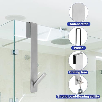 2 Pack Shower Door Hooks, Stainless Steel Over Glass Hooks for Towels | Fits 01"-04" Frameless Shower Doors With Anti-scratch Padding for Towels, Robes, Loofahs And Everyday Bathroom Use