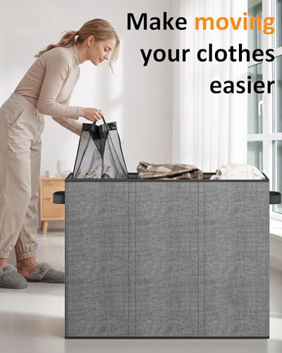 Optish 180L Laundry Hamper 3 Section, Large Laundry Hamper with Lid, Dirty Clothes Hampers with 3 Inner Bags, Laundry Basket Organizer for Laundry, Bedroom, Bathroom, Hamper 3 Compartment, Grey - color: Grey