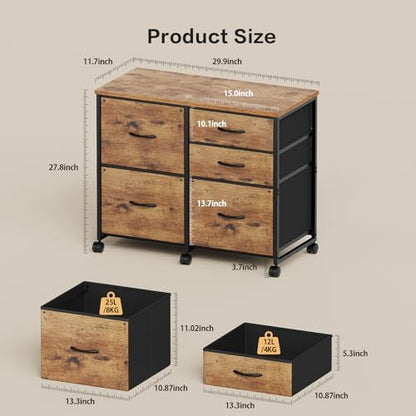 YeTom Lateral File Cabinet with 5 Drawers Rolling Filing Cabinets Under Desk Storage Printer Stand with Wheels,Mobile File Cabinet for Home Office,Rustic Brown - color: Rustic Brown2