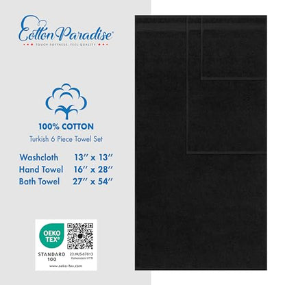 Cotton Paradise 100% Cotton Turkish Towel Set, Soft Absorbent Quick Dry, 6 Piece Towel Set, Coal Black - color: Coal Black, size: (27"x54") +( 16"x28") + (13"x13")