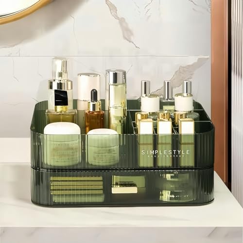 Makeup Organizer for Vanity, Large Desk Organizer with Stackable Drawer for Cosmetics, Skincare, Lipsticks, Eyeshadow Palette, Nail Care, Ideal Storage for Dresser and Bathroom Countertop-Green - color: Vintage Green, size: 1 Tray + 1 Drawer