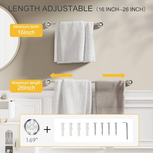 Towel Racks for Bathroom Wall Mounted Bath Towel Bar Polished Chrome | Adjustable 16-26 In, Wall Mounted Towel Holder, Stainless Steel, Rustproof, Towel Bar Rod Hanger Hardware Accessories Hotel - color: Polished Chrome