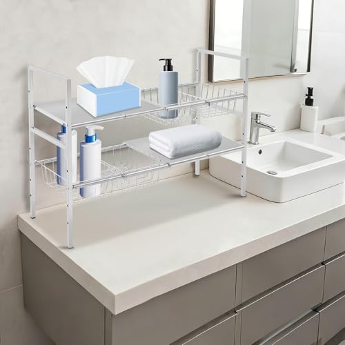 2-Tier Under Sink Organizer, Adjustable 20.9-34.6 Inch, Stainless Steel Cabinet Shelf with 4 Baskets, Cream White (Silver) - color: Silver