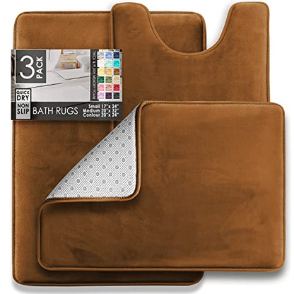 Clara Clark 3 Piece Bathroom Rugs Bath Mat Set, Velvet Memory Foam Bath Mats for Bathroom - Non-Slip, PVC Backing Bath Rugs, Washable - Dries Quickly, Brown - color: Brown