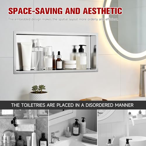 VELPAX No Tile Needed Shower Niche 30"X 12", Bathroom Wall Niche Single Shelf, Stainless Steel Shower Niche for Bathroom, Kitchens, Balconies - color: Silver, size: 30"X 12" Single Shelf