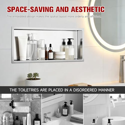 VELPAX No Tile Needed Shower Niche 30"X 12", Bathroom Wall Niche Single Shelf, Stainless Steel Shower Niche for Bathroom, Kitchens, Balconies - color: Silver, size: 30"X 12" Single Shelf