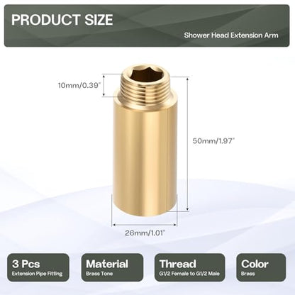 Shower Head Extension Arm, Brass G1/2 Male to Female Thread 50mm/1.97" Length Extender Pipe Fitting Nipple for Showers, Faucets, and Plumbing with PTFE Thread Seal Tape 3 Pack - size: 50mm/1.97"
