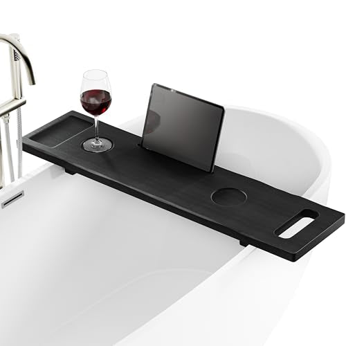 Tinamo Acacia Bathtub Caddy Tray Table | 39x9.8 Inch Large Bath Tub Wooden | Anti-Tipping, Sustainable Tub Tray for Bath tub | Bath-tub Accessories Holders for Bath-tub (Black Color) | Acacia Wood, Adjustable Legs, Easy Assembly, Fits Most Tubs, Wide Stor
