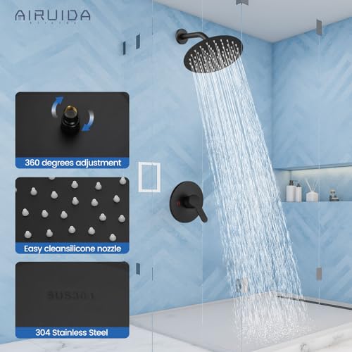 Airuida Shower Faucet Set,8 Inch Matte Black Shower Trim Kit | Round Rainfall Shower Head,Single Handle,Male Threads Rough-in Valve,Wall Mount Bathroom System - color: Black, size: 8 Inch