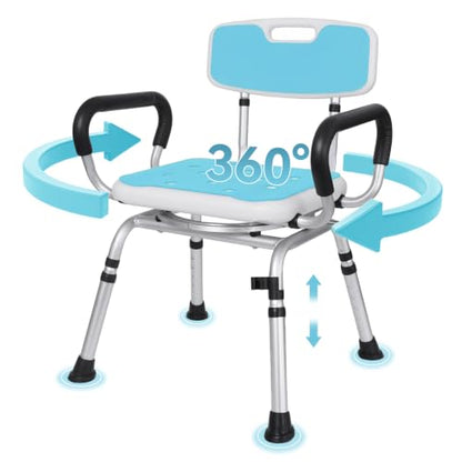Swivel Shower Chair for Inside Shower, 400 lbs, Adjustable Height | Non-Slip Shower Stool with Removable Back and Arms, Lightweight Safety Bath Seat for Elderly and Disabled, Padded Arms - color: Powder Blue