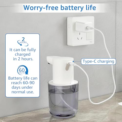 Automatic Soap Dispenser for Kitchen Sink - Wall-Mount & Countertop White | 4-Level Adjustable,13.5oz Clear Plastic IPX5 Rechargeable, Suitable for Bathroom - color: White.l