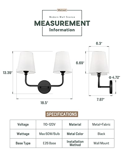 2-Light Matte Black Bathroom Vanity Light, White Fabric Shades | 17" double wall sconce, upward only, E26 base, hardwired, bulbs not included, VL837-MB-2 - color: Matte Black, size: 2-light