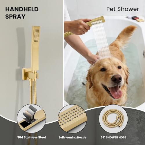 gotonovo Shower Faucet Set Push Button 10+6 Inch Dual Head Brushed Gold | Rain Dual Shower Head System with Handheld Spray for Couple,Push Button Diverter,High Pressure Valve Trim Kit,All Metal - color: Gold, size: 10+6 Inch Dual Head
