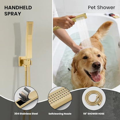 gotonovo Shower Faucet Set Push Button 10+6 Inch Dual Head Brushed Gold | Rain Dual Shower Head System with Handheld Spray for Couple,Push Button Diverter,High Pressure Valve Trim Kit,All Metal - color: Gold, size: 10+6 Inch Dual Head