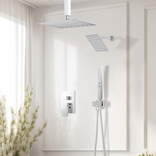 STARBATH Shower Faucet Set Shower System with Diverter Valve, Chrome | 12 Inch Ceiling Mount Rain Shower Head, 6 Inch Wall Mount Rainfall Shower Head and 2-in-1 Handheld Spray for Two Person - color: Chrome, size: 12"+6"-03
