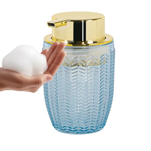 Blue Foaming Soap Dispenser, Glass Foam Hand Soap Dispenser with Gold Pump, Bathroom 10 Oz Refillable Liquid Lotion Pump Container Barrel Shape Bottle for Kitchen Countertop Decor - color: Blue and Gold