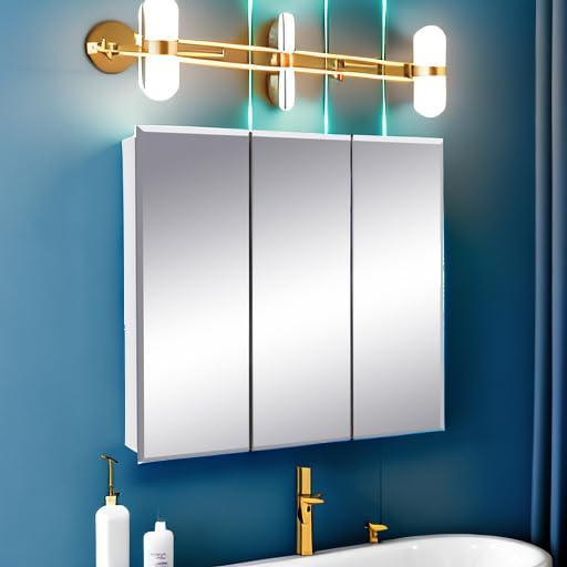 Design House Cyprus Bathroom Medicine Cabinet with Mirror, 25 Inch Recessed or Surface Mount Cabinet, 3 Frameless Mirrored Doors, 2 Shelves, White, Pre-Assembled, 597484 | Adjustable Shelves, Wall Mount, Contemporary/Modern, Wood, Bath, 597484 - size: 25