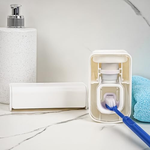 Toothbrush Holder Wall Mounted with Cover for Bathroom, 6 Slots Toothbrush Storage Organizer for Shower, Self Adhesive Toothbrush Hanger with Automatic Toothpaste Squeezer Dispenser (White) - size: Combination A