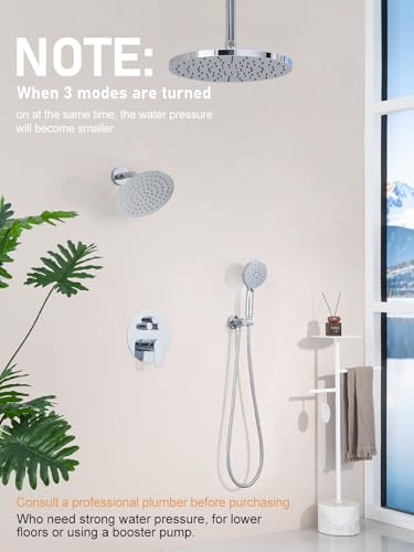 Woindo Shower Faucet Set 10" Rain Shower Head/8'' Side Shower Head and 3 Setting Handheld Ceiling Mount 3 Push Button Diverter Complete Rainfall Round Shower System Included Valve Trim Kit - color: Chrome Polished, style: 10"-R-Ceiling-02