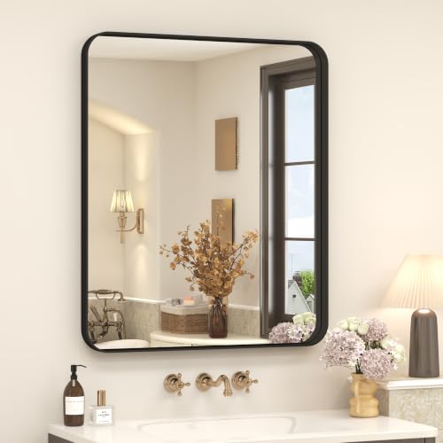 20x24 Inch Black Metal Framed Bathroom Mirror for Wall | Matte Black Bathroom Vanity Mirror, Anti-Rust, Rounded Rectangle, Hangs Horizontally or Vertically - color: Black, size: 24"L x 20"W