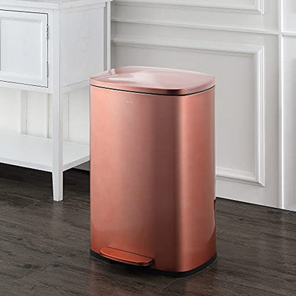 happimess Connor 2-Piece Stainless Steel Trash Can, Rose Gold | 13.2 and 1.3 Gallons, Rectangular, Soft-Close Lid, Fingerprint Resistant, Step Pedal, 20 Liners, 26" and 12" Height - color: Rose Gold